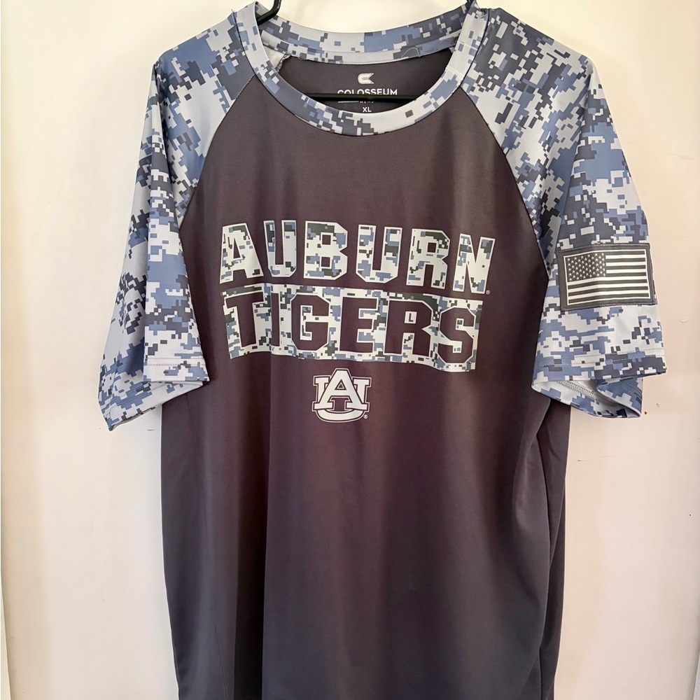 Colosseum Auburn Tigers Gray Tee with Blue Digital Camo Sleeves